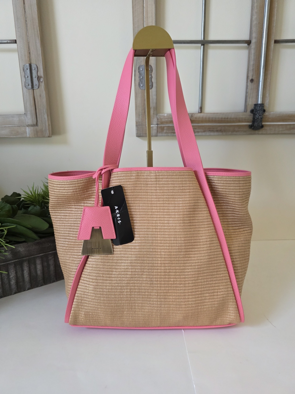 Akris Alex Medium Tote Camel Blossom Raffia & Leather Dust Bag - Rare Color- New